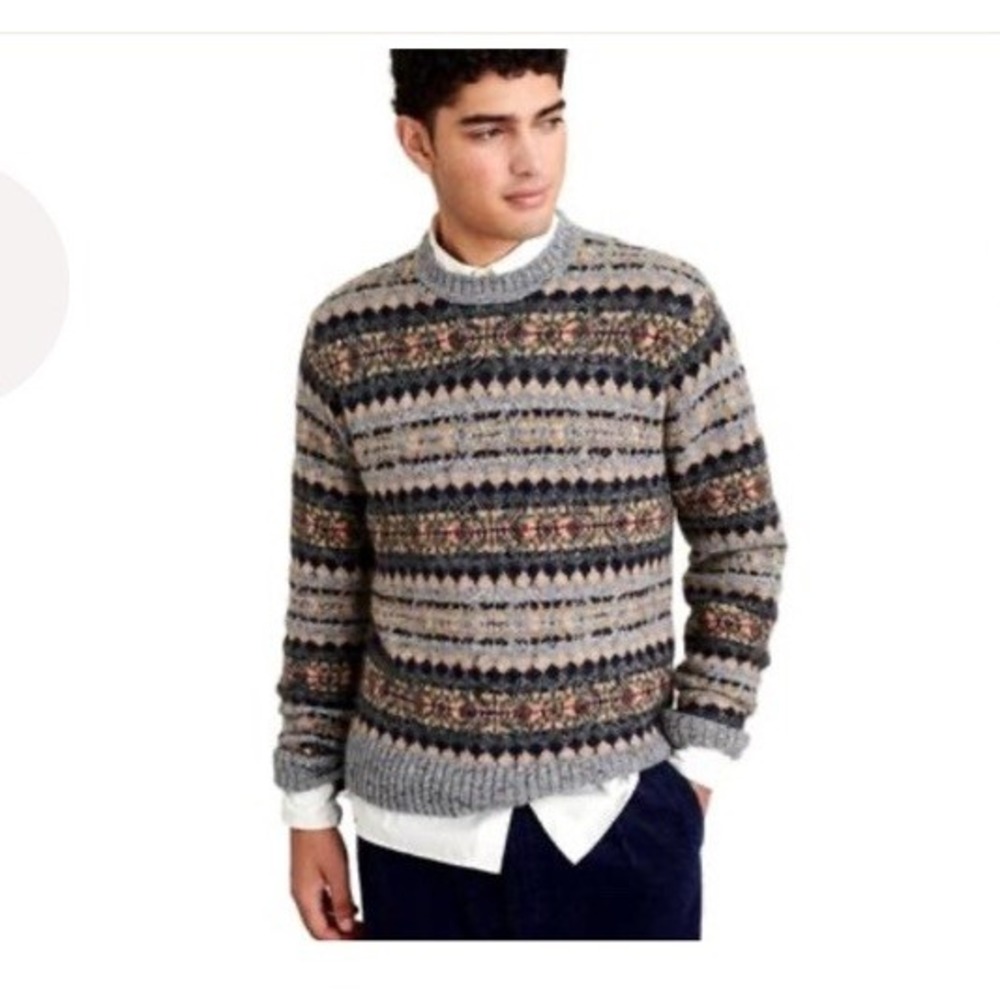ALEX MILL Mens M Diamond Fair Isle Sweater Crew Neck Wool Mohair Alpaca Knit